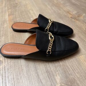 Coach Sofi Black Gold Chain Logo Leather Women's Mules Size 9